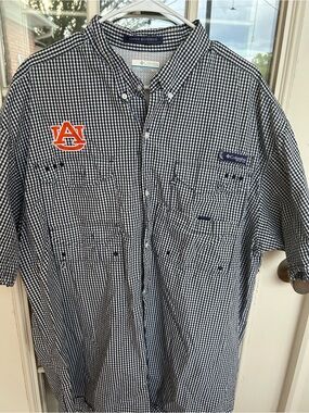 Columbia Navy and White Gingham Button-Down Shirt with Auburn Patch